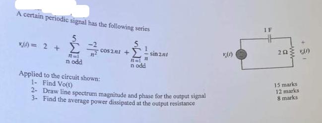A certain periodic signal has the following series 5  3/ 12m1 nodd K(0) = 2 + cos2nt +-sinz.n 11 11m1 n odd
