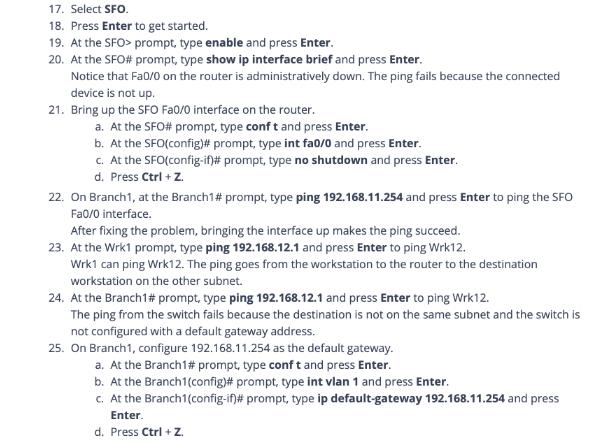 17. Select SFO. 18. Press Enter to get started. 19. At the SFO> prompt, type enable and press Enter. 20. At