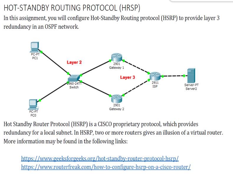 HOT-STANDBY ROUTING PROTOCOL (HRSP) In this assignment, you will configure Hot-Standby Routing protocol