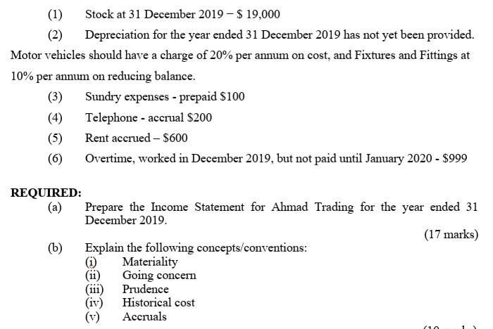 Stock at 31 December 2019 - $ 19,000 Depreciation for the year ended 31 December 2019 has not yet been