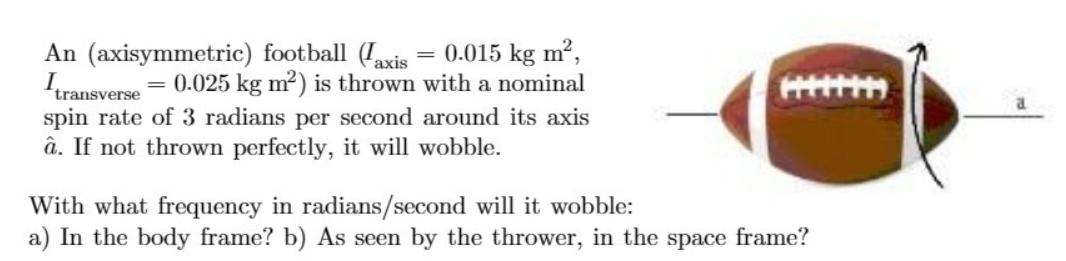 0.015 kg m, An (axisymmetric) football (axis Itransverse = 0.025 kg m) is thrown with a nominal = spin rate