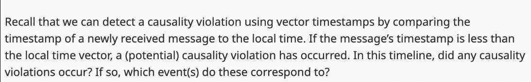 Recall that we can detect a causality violation using vector timestamps by comparing the timestamp of a newly