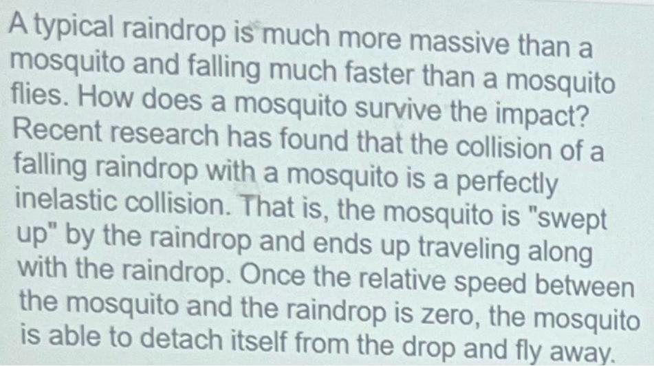A typical raindrop is much more massive than a mosquito and falling much faster than a mosquito flies. How