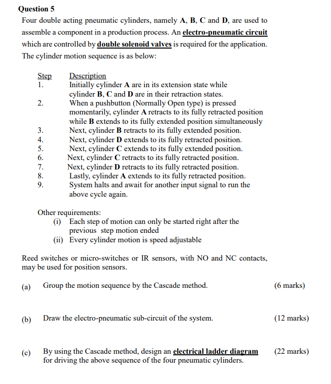 Question 5 Four double acting pneumatic cylinders, namely A, B, C and D, are used to assemble a component in