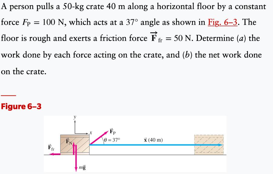 A person pulls a 50-kg crate 40 m along a horizontal floor by a constant force Fp 100 N, which acts at a 37