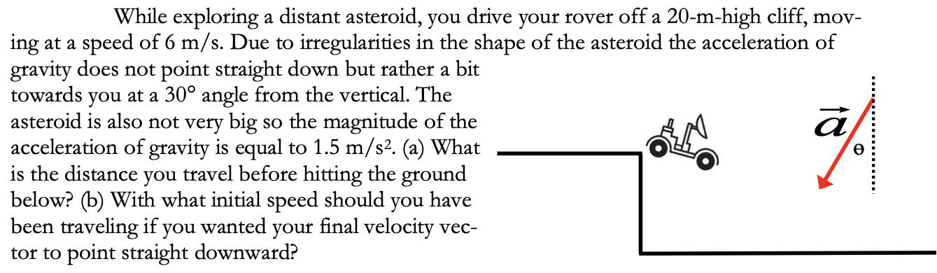 While exploring a distant asteroid, you drive your rover off a 20-m-high cliff, mov- ing at a speed of 6 m/s.