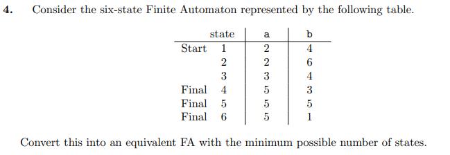 4. Consider the six-state Finite Automaton represented by the following table. b 4 state Start 1 2 3 Final 4