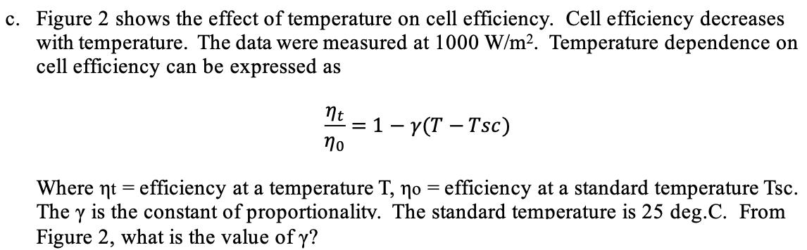 c. Figure 2 shows the effect of temperature on cell efficiency. Cell efficiency decreases with temperature.
