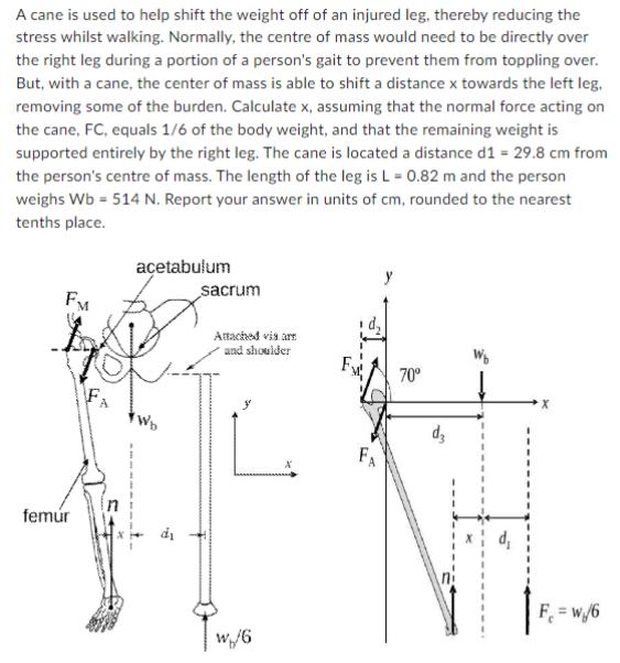 A cane is used to help shift the weight off of an injured leg, thereby reducing the stress whilst walking.