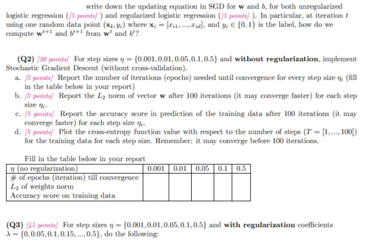 write down the updating equation in SGD for w and b, for both unregularized logistic regression (/5 points])