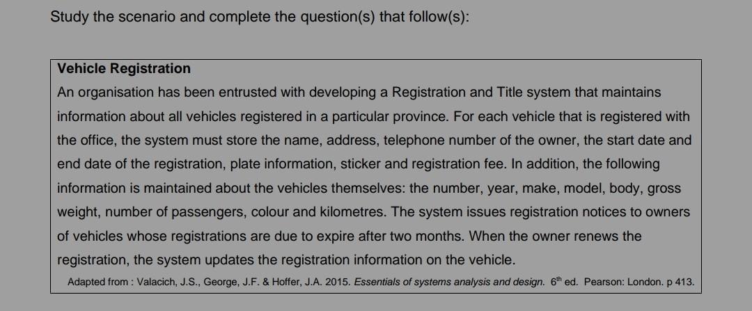 Study the scenario and complete the question(s) that follow(s): Vehicle Registration An organisation has been