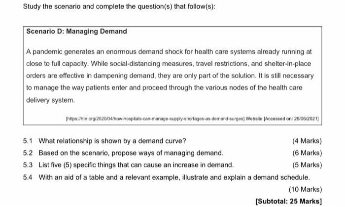 Study the scenario and complete the question(s) that follow(s): Scenario D: Managing Demand A pandemic
