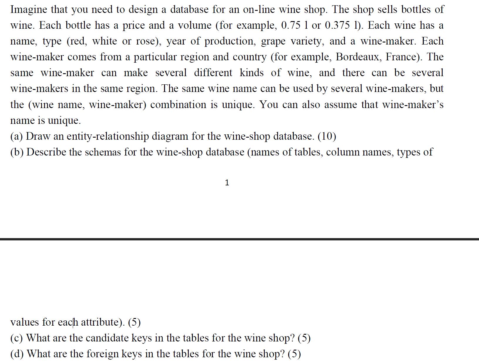 Imagine that you need to design a database for an on-line wine shop. The shop sells bottles of wine. Each