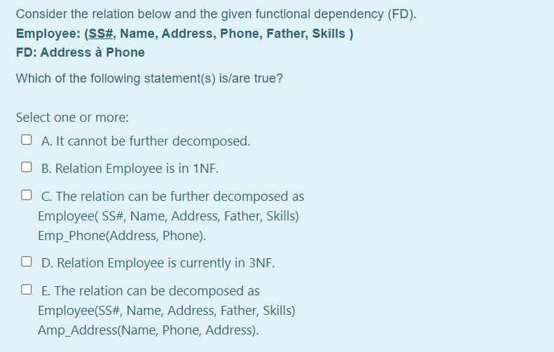 Consider the relation below and the given functional dependency (FD). Employee: (SS#, Name, Address, Phone,