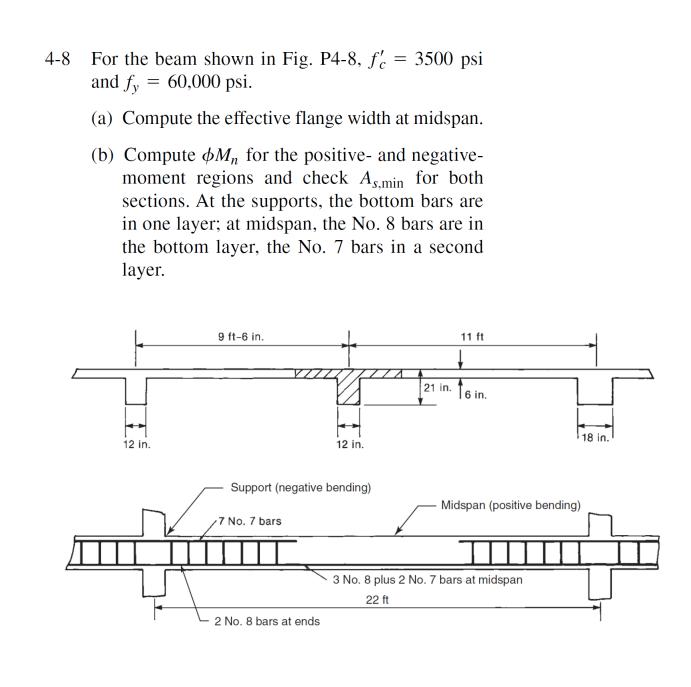 4-8 For the beam shown in Fig. P4-8, f = 3500 psi and fy = 60,000 psi. (a) Compute the effective flange width