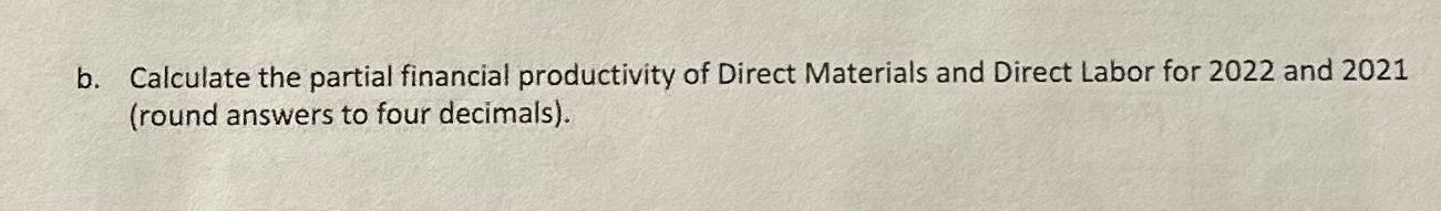 b. Calculate the partial financial productivity of Direct Materials and Direct Labor for 2022 and 2021 (round