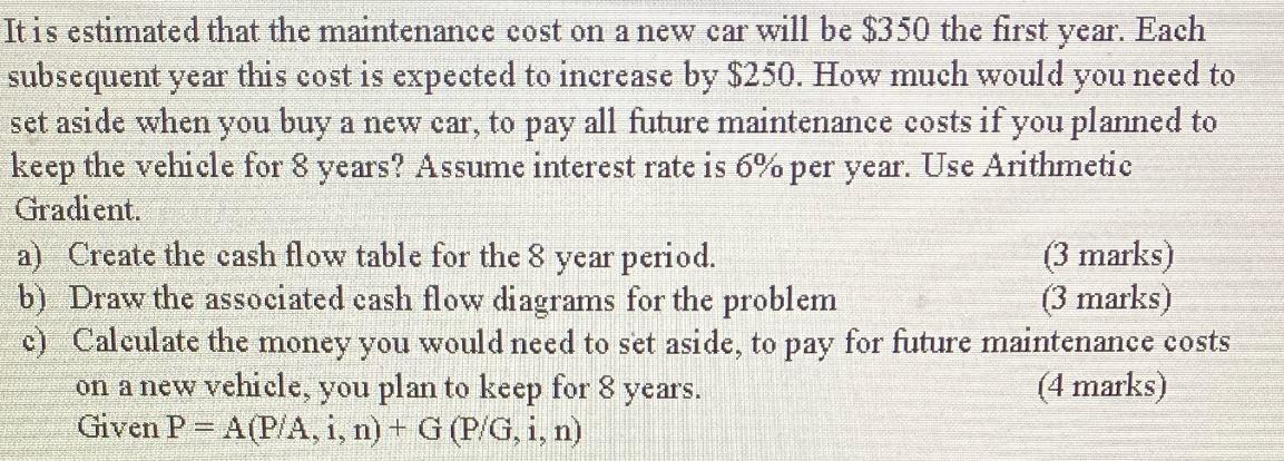It is estimated that the maintenance cost on a new car will be $350 the first year. Each subsequent year this
