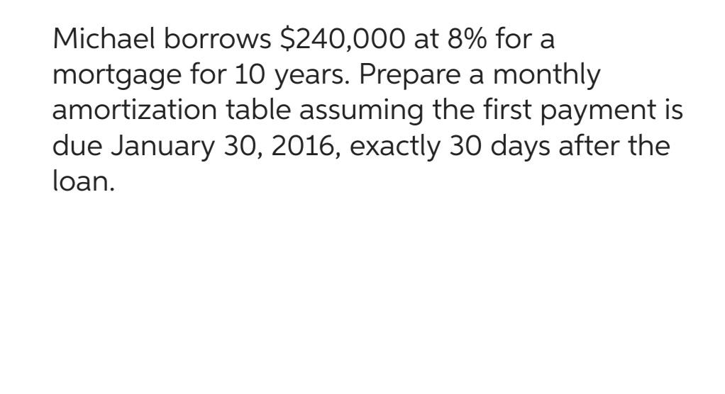 Michael borrows $240,000 at 8% for a mortgage for 10 years. Prepare a monthly amortization table assuming the