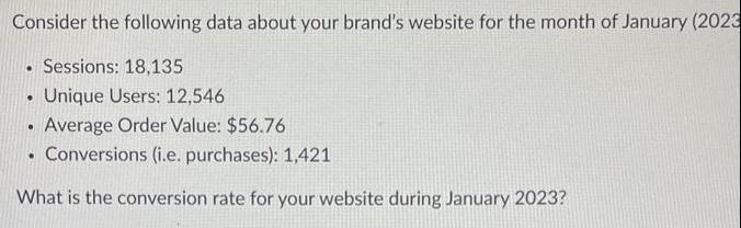Consider the following data about your brand's website for the month of January (2023 Sessions: 18,135 Unique