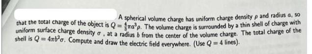 A spherical volume charge has uniform charge density p and radius a, so that the total charge of the object