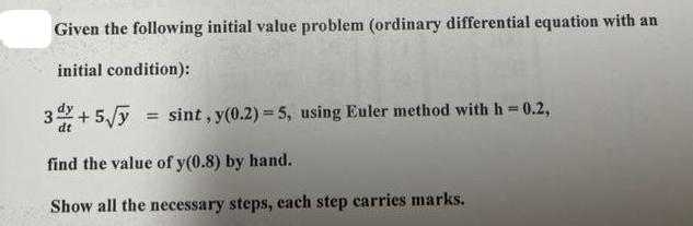 Given the following initial value problem (ordinary differential equation with an initial condition): 3 / +5y