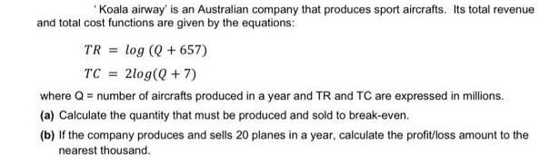 'Koala airway' is an Australian company that produces sport aircrafts. Its total revenue and total cost