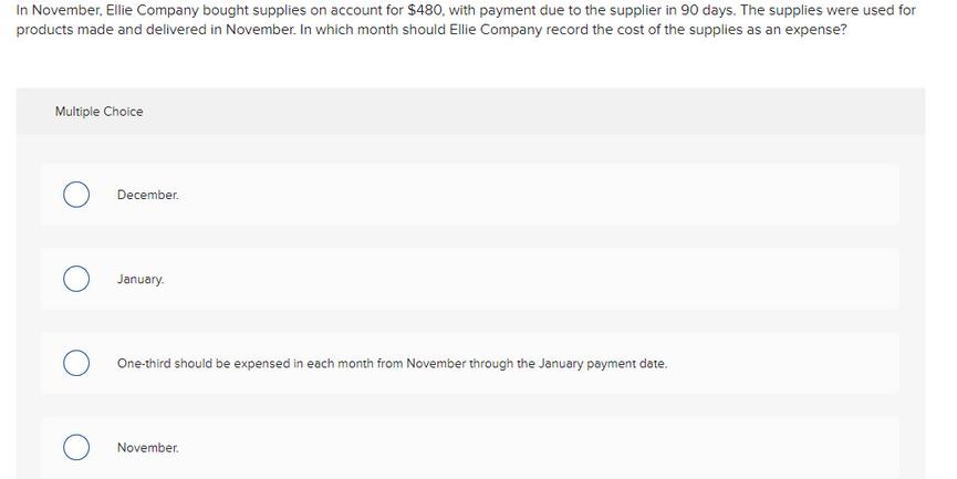 In November, Ellie Company bought supplies on account for $480, with payment due to the supplier in 90 days.