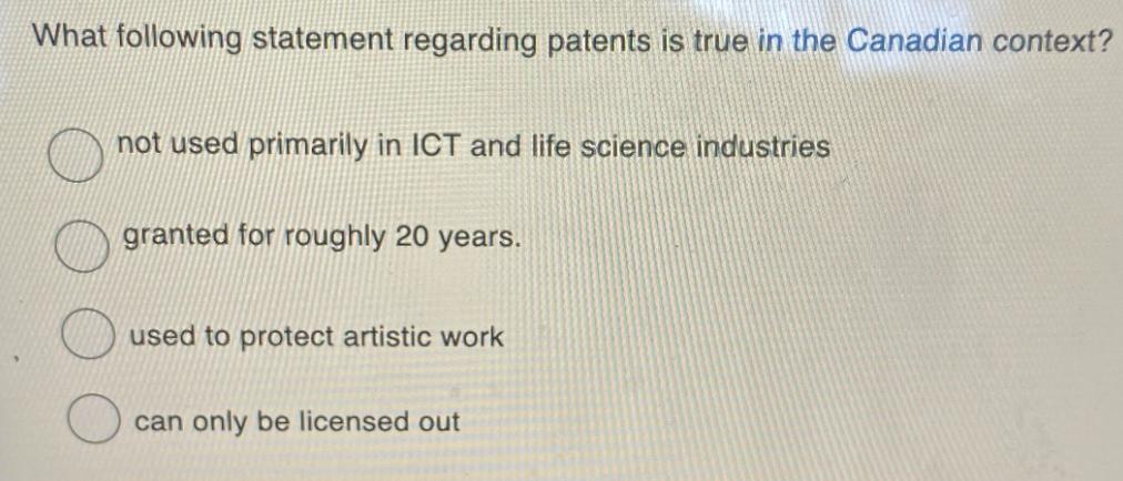 What following statement regarding patents is true in the Canadian context? not used primarily in ICT and