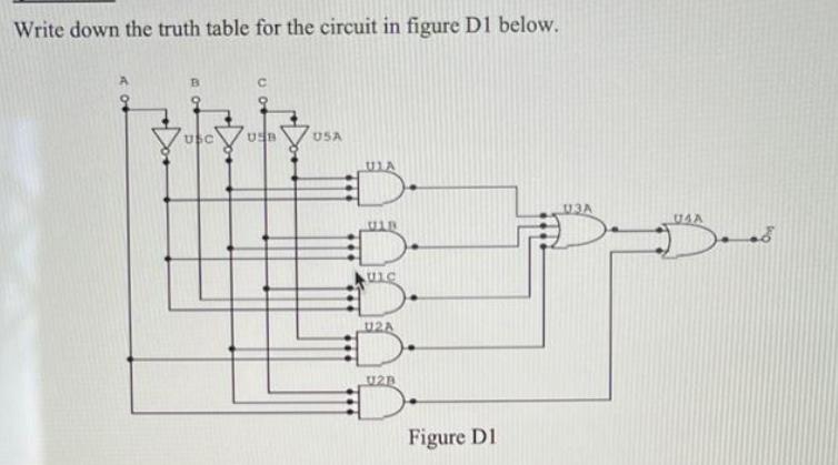 Write down the truth table for the circuit in figure D1 below. B USC  USB USA D UIC U12A U2B Figure D1 113A