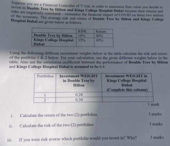 Suppose you are a Financial Controller of Y Ltd, in order to maximize firm value you decide to invest in