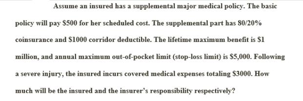 Assume an insured has a supplemental major medical policy. The basic policy will pay $500 for her scheduled