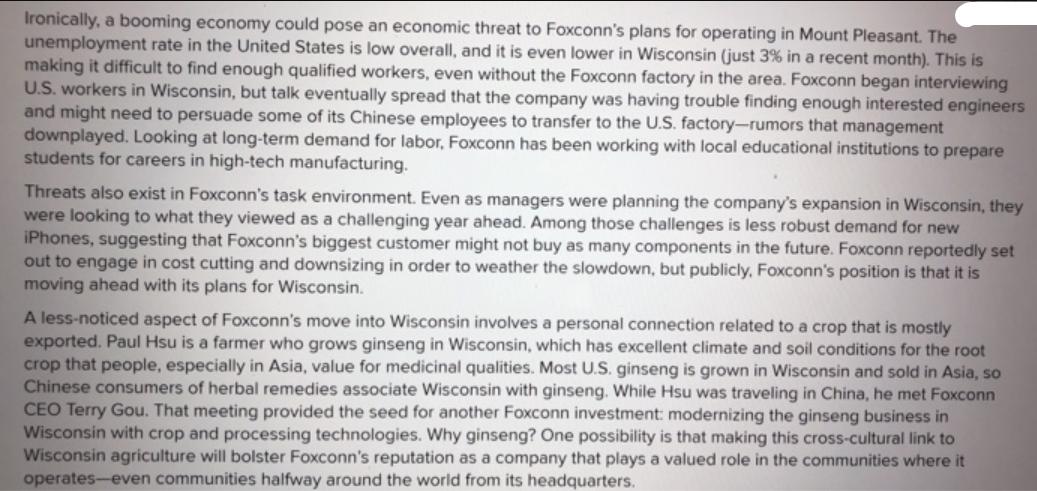 Ironically, a booming economy could pose an economic threat to Foxconn's plans for operating in Mount