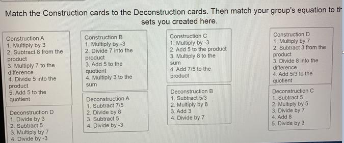 Match the Construction cards to the Deconstruction cards. Then match your group's equation to th sets you