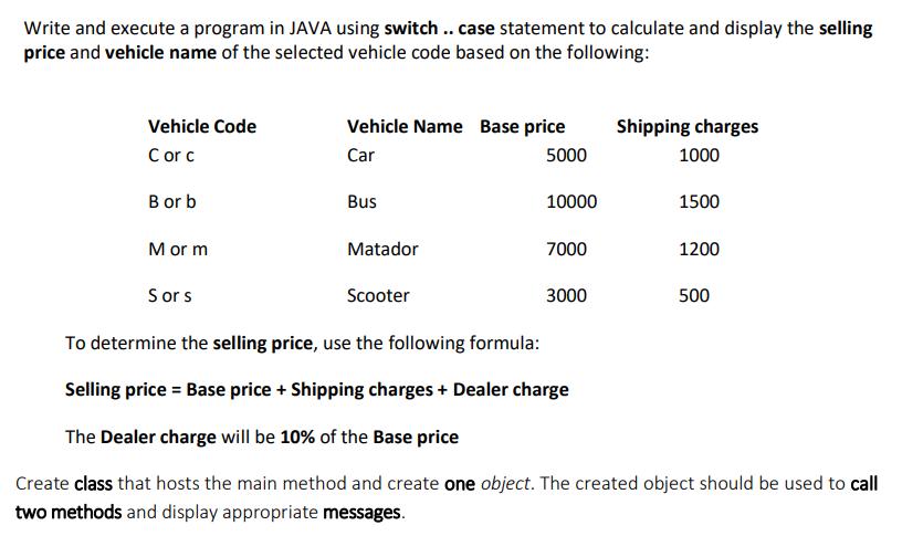 Write and execute a program in JAVA using switch.. case statement to calculate and display the selling price