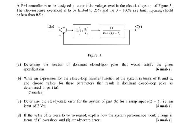 A P+I controller is to be designed to control the voltage level in the electrical system of Figure 3. The