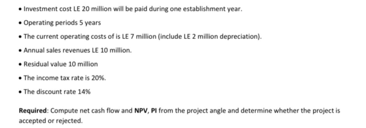 Investment cost LE 20 million will be paid during one establishment year.  Operating periods 5 years  The