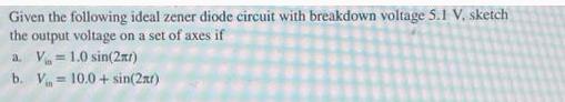 Given the following ideal zener diode circuit with breakdown voltage 5.1 V. sketch the output voltage on a