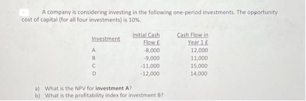 A company is considering investing in the following one-period investments. The opportunity cost of capital