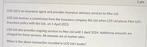 1 pts LOS Ltd is an insurance agent and provides insurance advisory services to Mee Ltd. LOS Ltd receives a