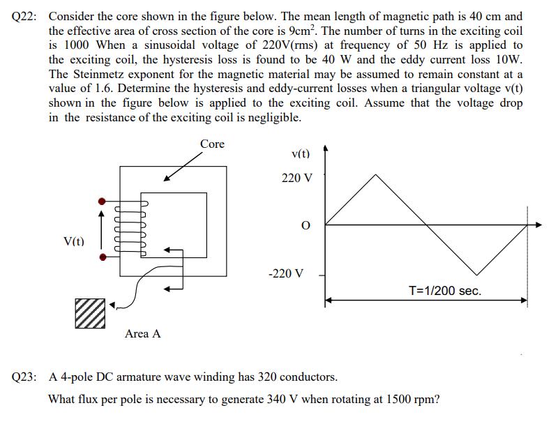 Q22: Consider the core shown in the figure below. The mean length of magnetic path is 40 cm and the effective