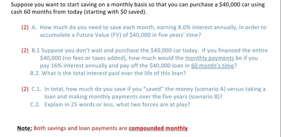 Suppose you want to start saving on a monthly basis so that you can purchase a $40,000 car using cash 60