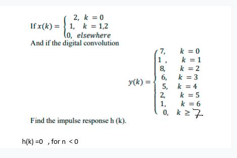 2, k = 0 If x(k)= 1, k = 1,2 lo, elsewhere And if the digital convolution Find the impulse response h (k).