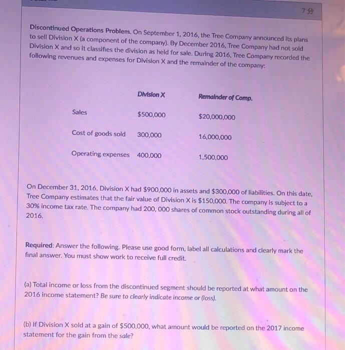 Discontinued Operations Problem. On September 1, 2016, the Tree Company announced its plans to sell Division