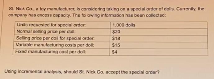 St. Nick Co., a toy manufacturer, is considering taking on a special order of dolls. Currently, the company