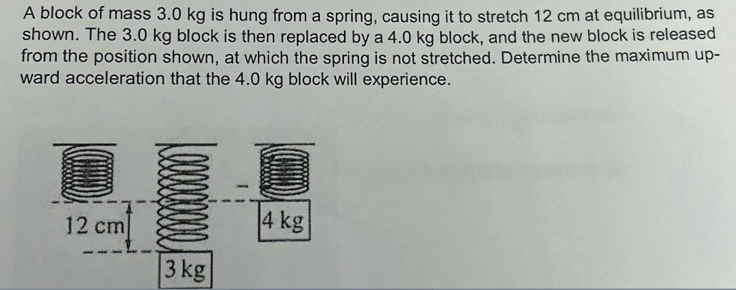 A block of mass 3.0 kg is hung from a spring, causing it to stretch 12 cm at equilibrium, as shown. The 3.0