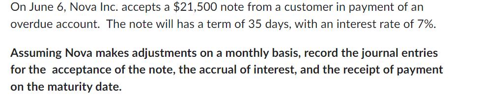 On June 6, Nova Inc. accepts a $21,500 note from a customer in payment of an overdue account. The note will