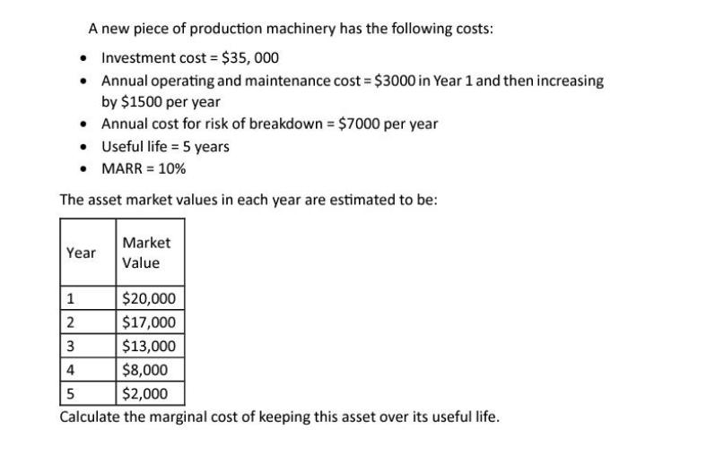 Useful life = 5 years MARR = 10% The asset market values in each year are estimated to be: A new piece of