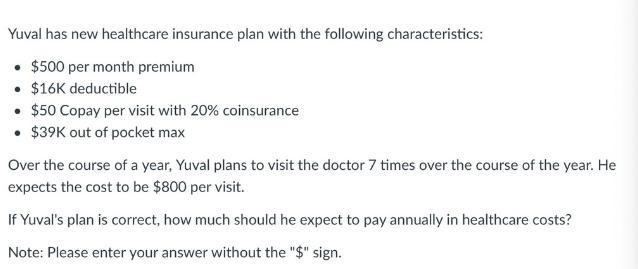 Yuval has new healthcare insurance plan with the following characteristics:  $500 per month premium  $16K