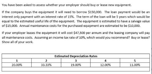You have been asked to assess whether your employer should buy or lease new equipment. If the company buys