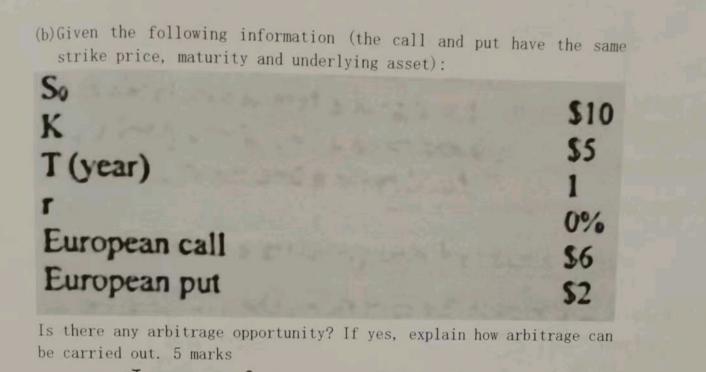 (b) Given the following information (the call and put have the same strike price, maturity and underlying